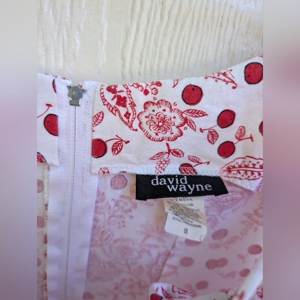 Vintage Y2K 90s David Wayne Red White 100% Cotton Floral Cherries Sun Dress 8 - Picture 4 of 6